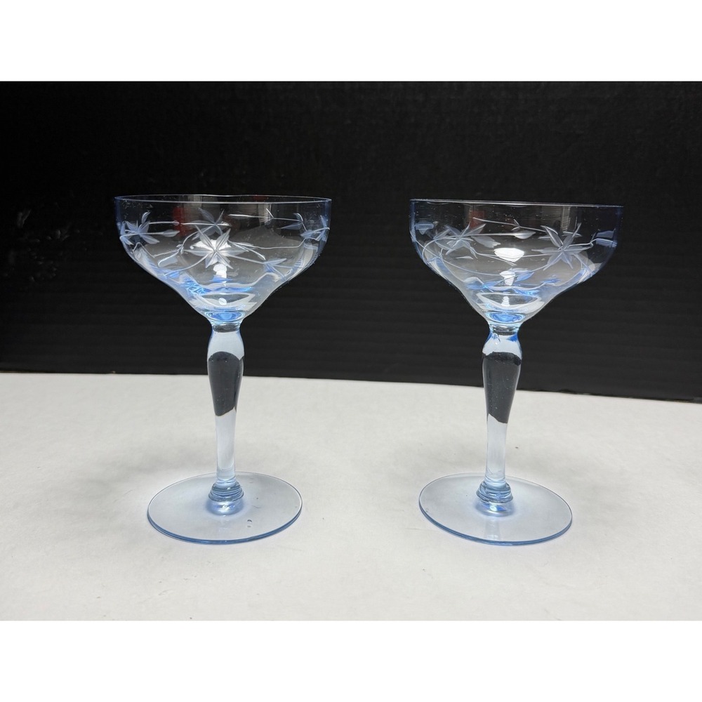 Vintage Light Blue Etched Star Floral Champagne Coupe Cocktail Glasses Set of 2